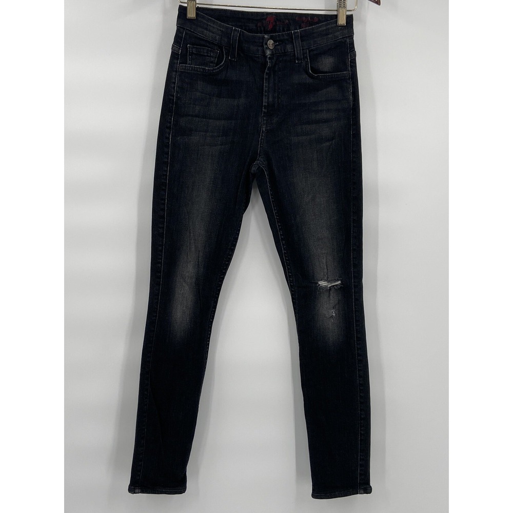 7 For All Mankind The High Waist Ankle Skinny Black Destroyed Jeans Raw Hems 26‎